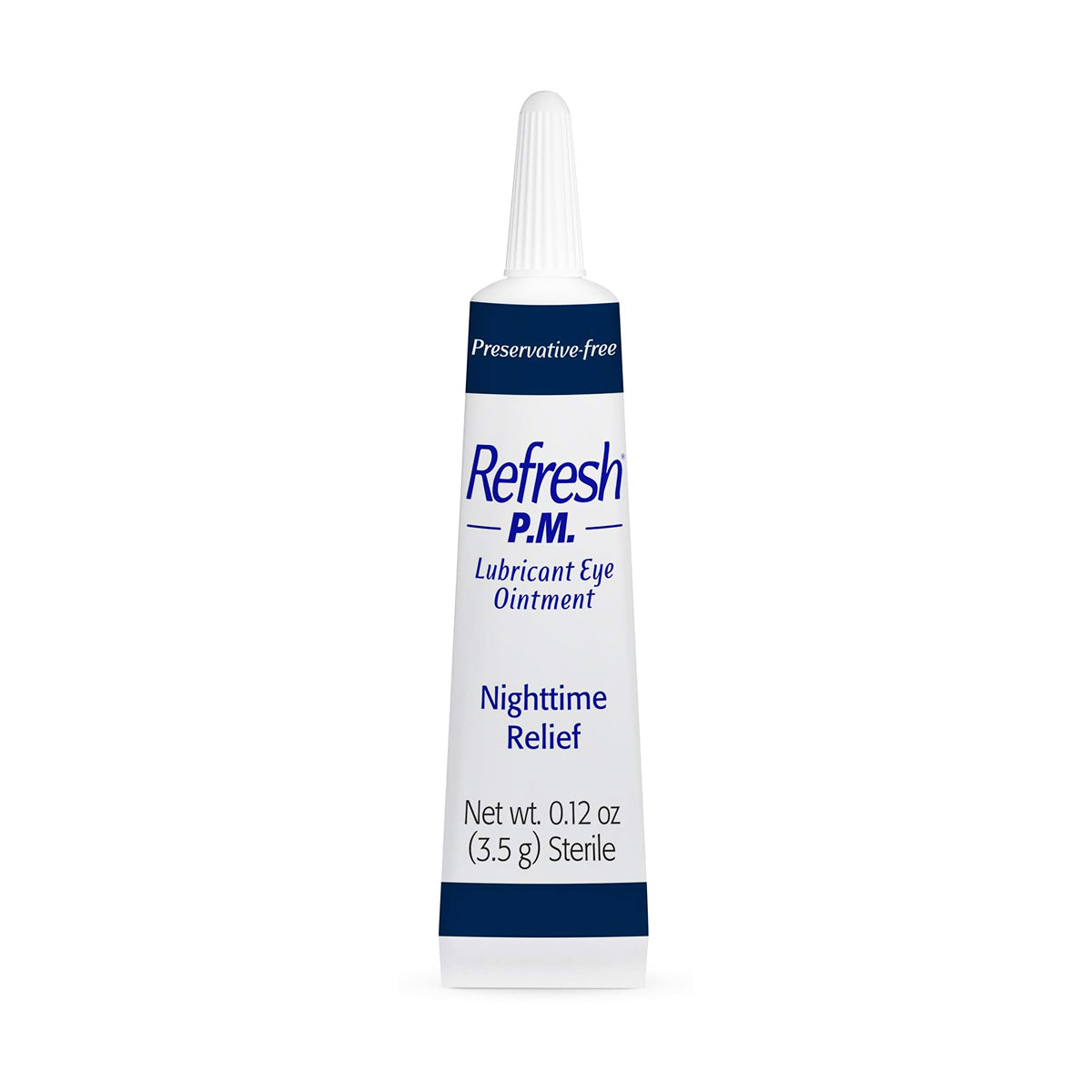 The Refresh PM Lubricant Nighttime Eye Ointment (3.5g) by Abbvie features blue and white packaging with a teardrop image, emphasizing its Preservative-Free formula. Ideal for nighttime, it’s designed to combat intense dry eyes and is presented in a small tube next to the box.