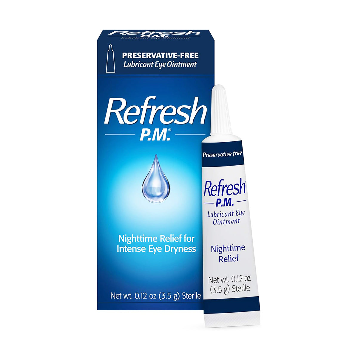 Image of Abbvies Refresh PM Lubricant Nighttime Eye Ointment packaging. The label displays key drug facts: mineral oil, white petrolatum ingredients, uses, warnings, directions, and product size (3.5g or 0.12 oz). Ideal for nighttime dry eye discomfort relief.