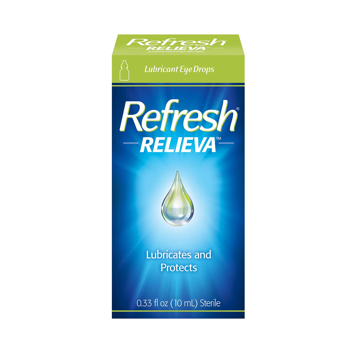 The image shows a 10mL sterile package of Abbvies Refresh Relieva Eye Drops for dry eye relief with HydroCell Technology. The green and blue design features a water droplet graphic promising to Lubricates and Protects.