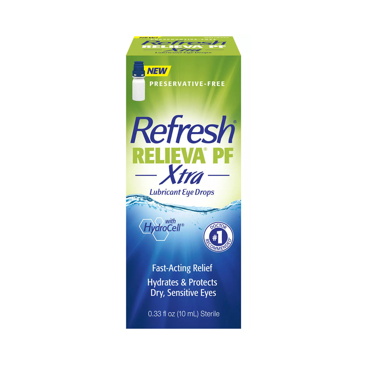 Refresh Relieva PF Xtra by Abbvie offers a 10mL bottle of preservative-free drops, designed for fast relief and advanced hydration with trehalose. This green and blue box is tailored to hydrate and protect dry, sensitive eyes.