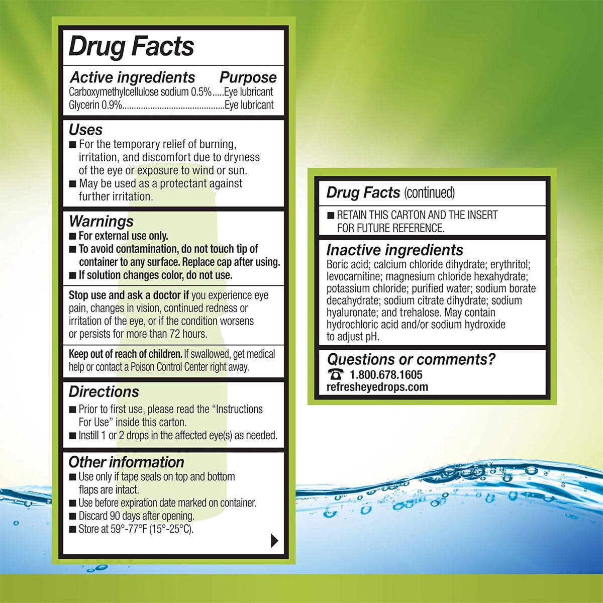 Image shows the Refresh Relieva PF Xtra (10mL Bottle) drug facts label by Abbvie. It features active and inactive ingredients, usage instructions, warnings, storage info, and customer service number. The water droplet background emphasizes its advanced hydration benefits.