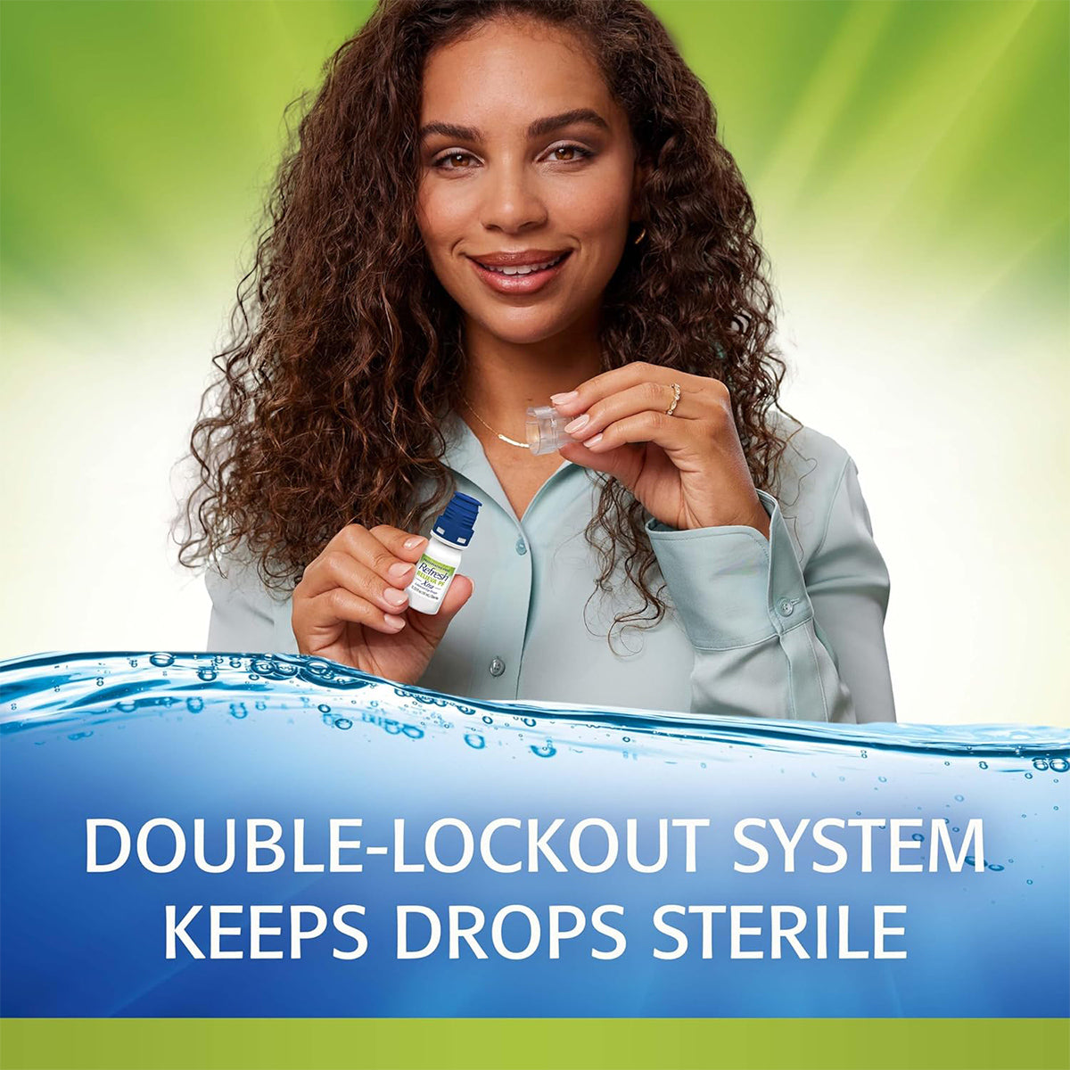 A woman with curly hair, wearing a light blue blouse, smiles while holding a bottle and cap of Refresh Relieva PF Xtra - Advanced Preservative-Free Lubricant Eye Drops (10mL) by Abbvie against a green gradient background. Text reads, Double-lockout system keeps eye drops sterile.