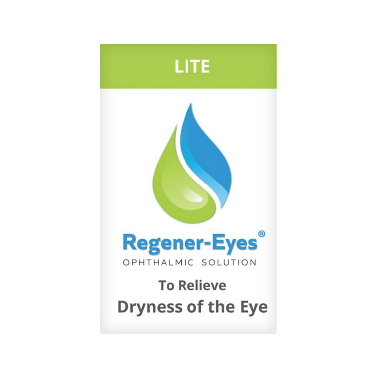 Regener-Eyes Lite 3mL Eye Drops packaging showcases a green and blue droplet logo with text ensuring easy dry eye relief.