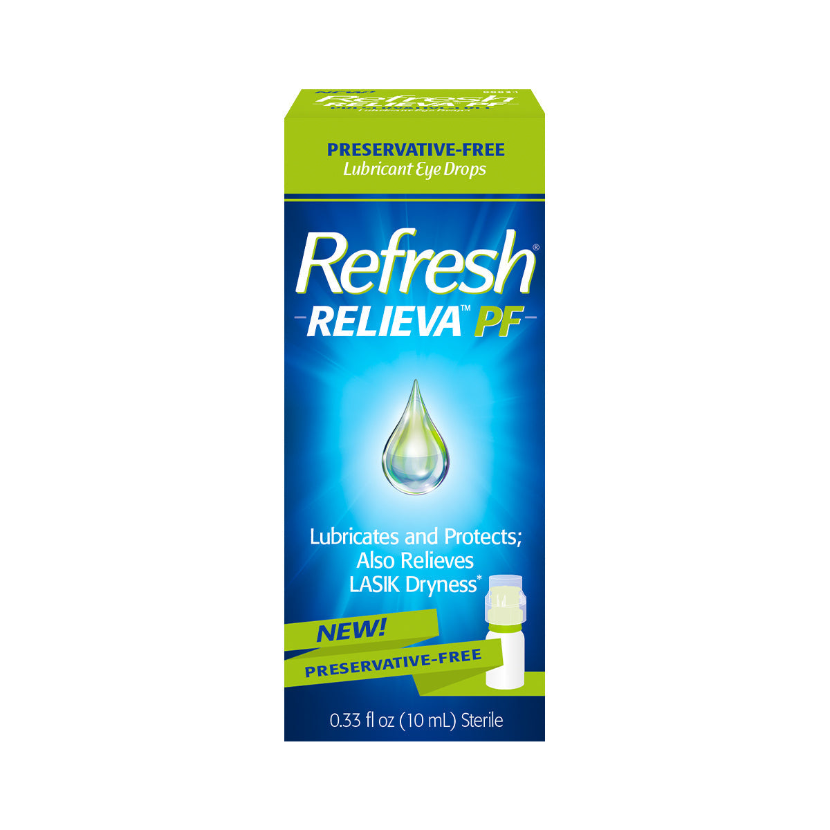 The Abbvie Refresh Relieva Preservative-Free Lubricant Eye Drops (10mL Multi-Dose Bottle) features a blue and green package design with a water droplet graphic, highlighting its Preservative-Free benefits for long-lasting hydration and effective dry eye relief, ideal for post-LASIK care.