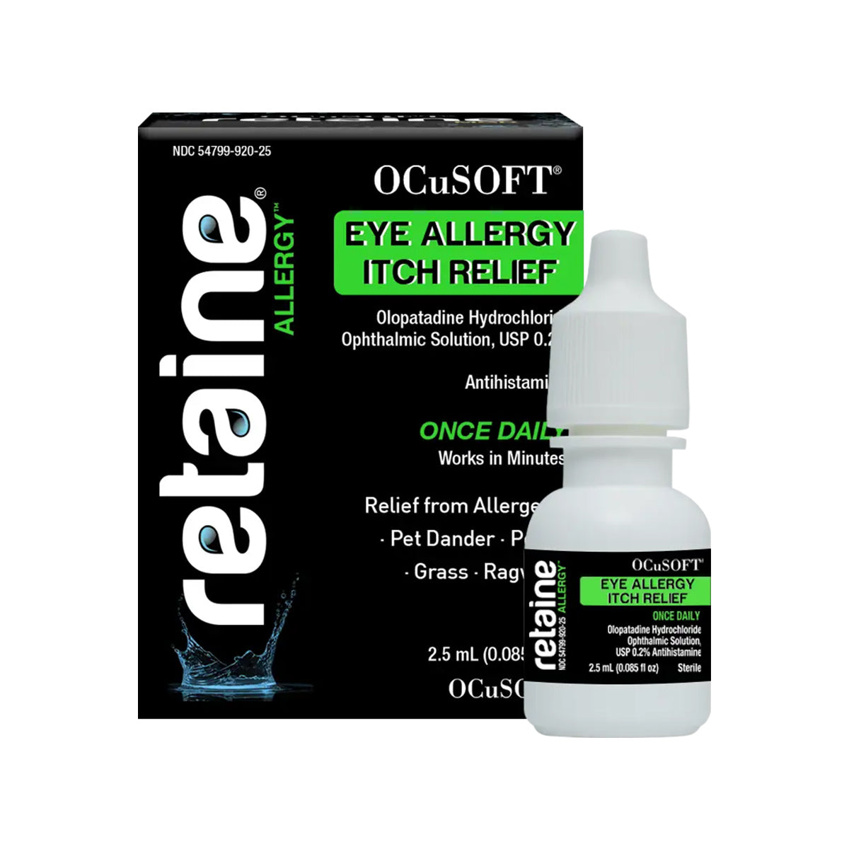 Displayed is the Ocusoft Retaine Allergy Once Daily (2.5mL), promising relief from itchy eyes with the active ingredient Olopatadine Hydrochloride. These OCuSOFT antihistamine eye drops are designed for daily use against allergens like pet dander and pollen.