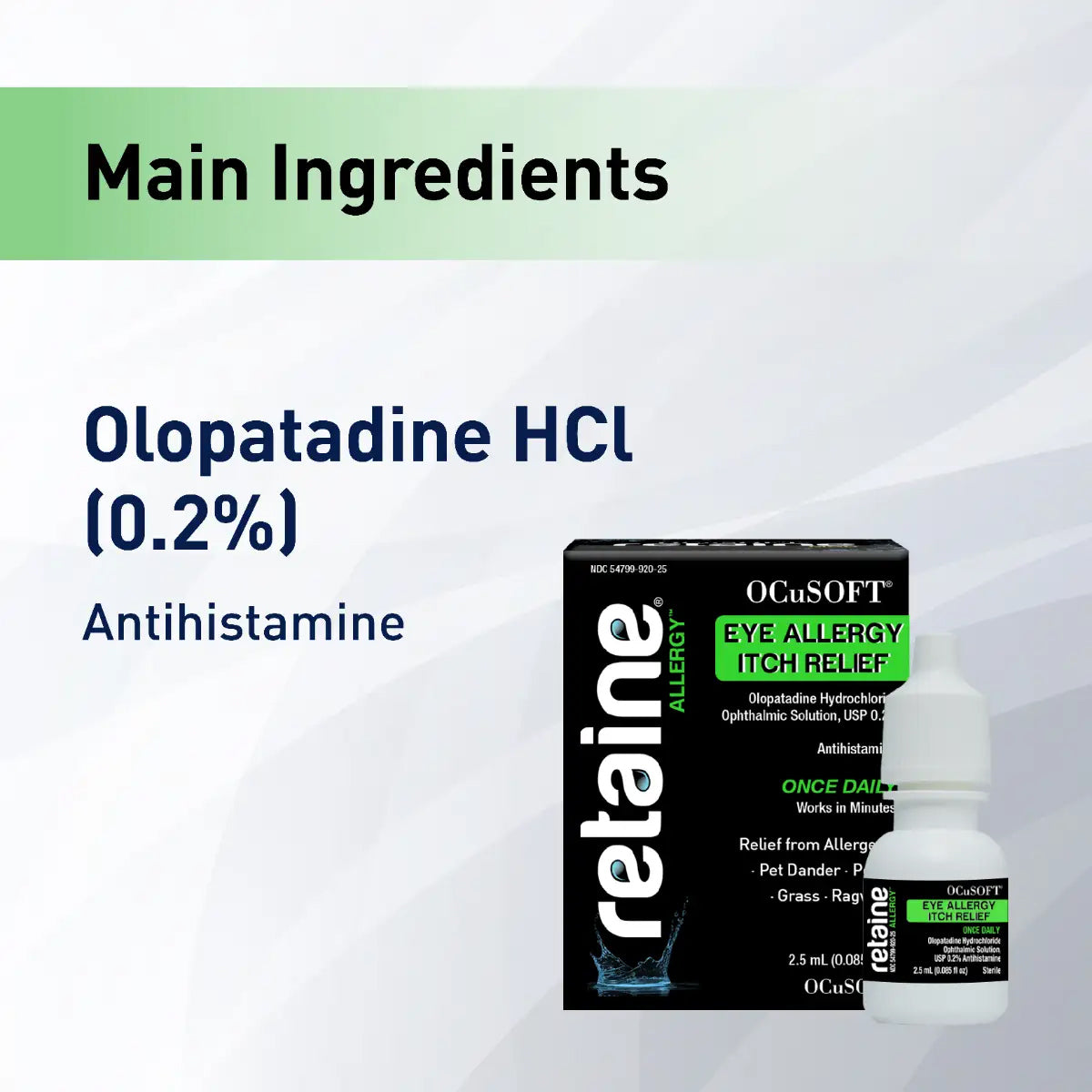 The packaging of Ocusoft Retaine Allergy Once Daily for Eye Itch Relief (2.5mL) by OCuSOFT highlights Olopatadine HCl (0.2%) as a key antihistamine ingredient, showcased on the product box and bottle, emphasizing its efficacy in relieving eye allergies.