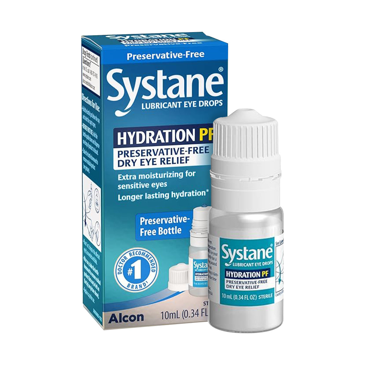 Systane Hydration PF Lubricant Eye Drops, a 10ml preservative-free formula by Alcon, enriched with sodium hyaluronate, provide optimal hydration and comfort for dry eyes.