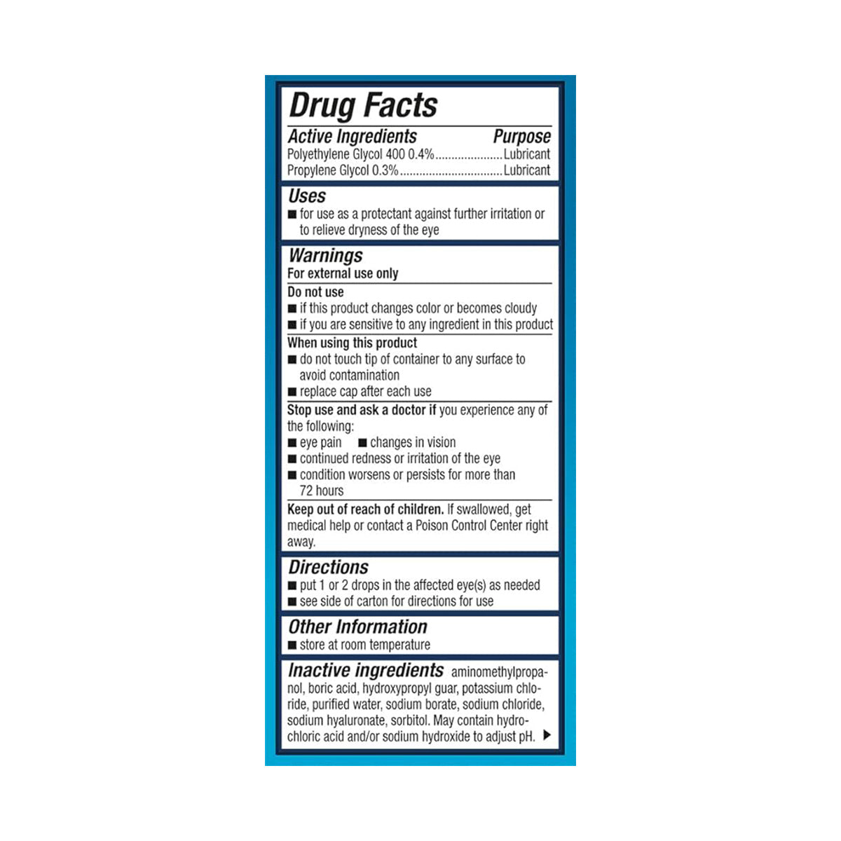 The Systane Hydration PF Lubricant Eye Drops from Alcon, available in a 10ml preservative-free multidose bottle, feature a drug facts label. They contain Polyethylene Glycol 400 (0.4%) and Propylene Glycol (0.3%) as lubricants for dry eyes relief, with sections on uses, warnings, directions, and inactive ingredients.