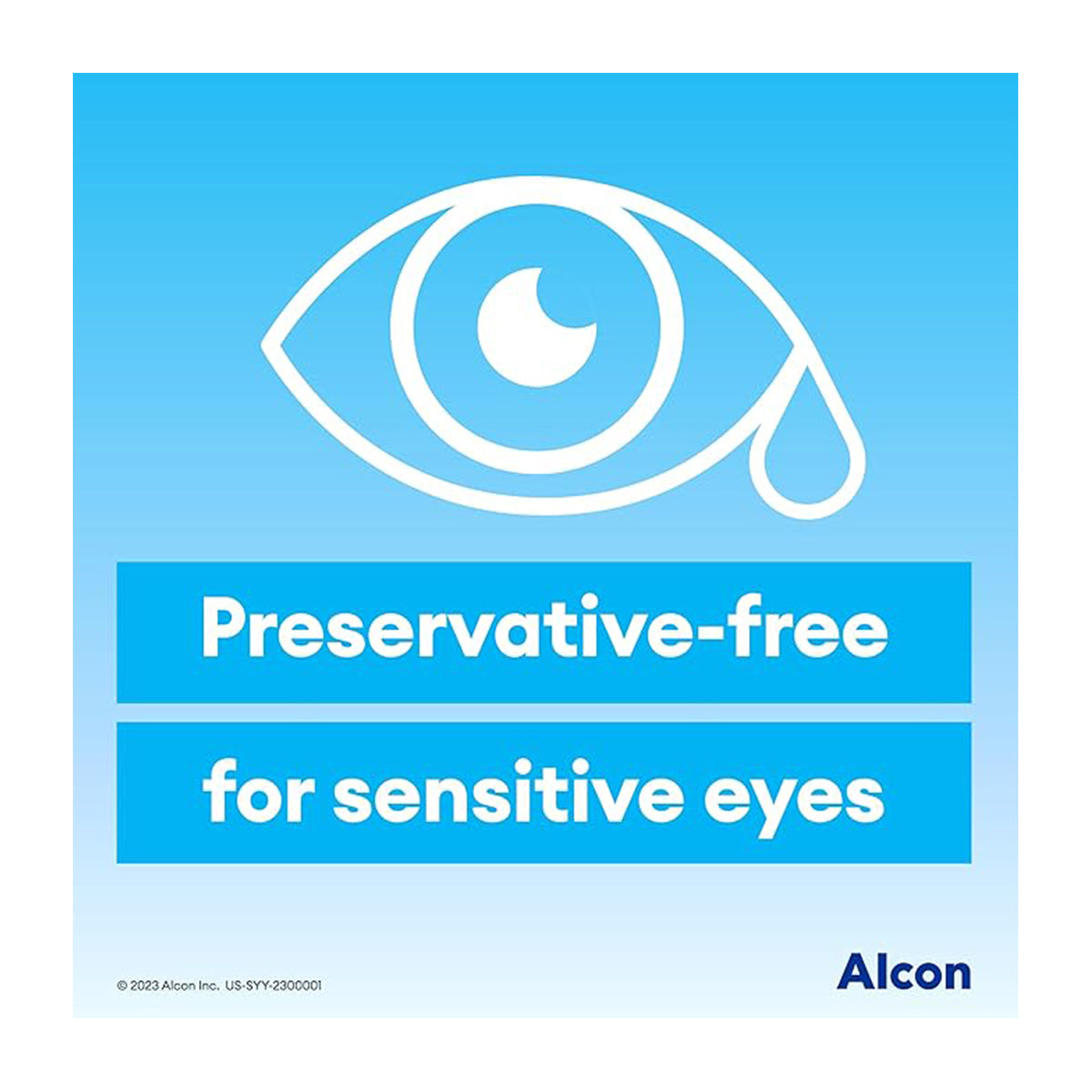 Illustration of a white eye with a teardrop on a blue background reads Preservative-free for sensitive eyes with Systane Hydration Pf Lubricant Eye Drops. The brand name, Alcon, is elegantly placed at the bottom right.