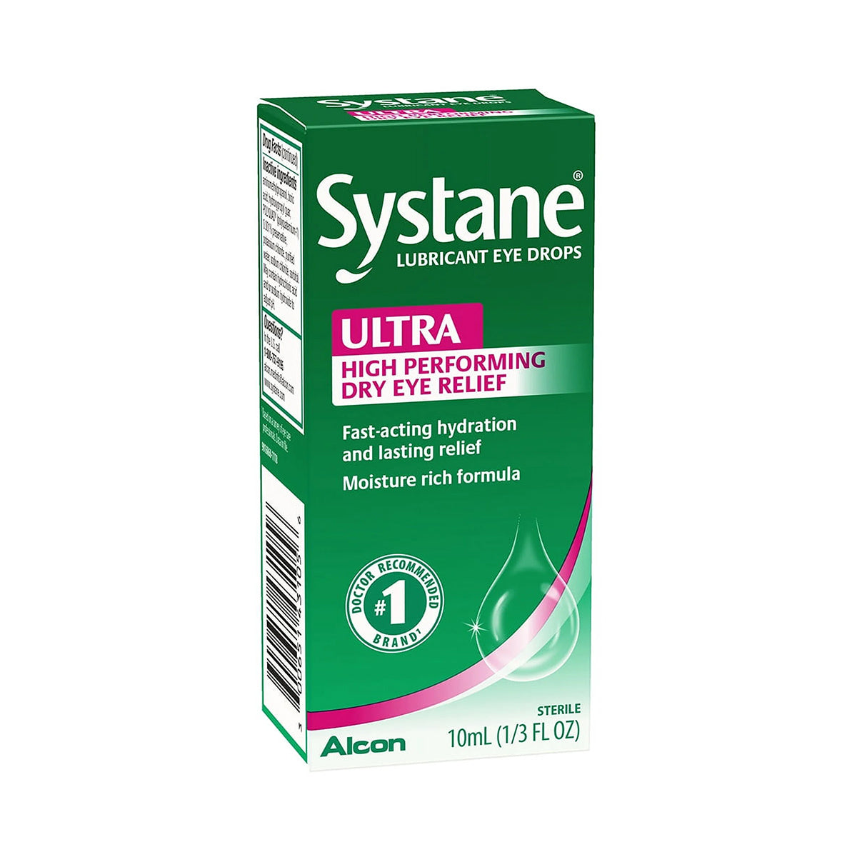 The Systane Ultra High Performance Lubricant Eye Drops by Alcon, in a green and white 10mL bottle, offer high performing dry eye relief and fast-acting hydration, enhanced with Systane hydration.