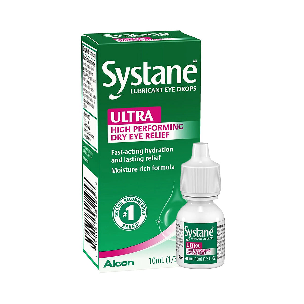 Image of a Systane Ultra High Performance Lubricant Eye Drops 10mL bottle next to its packaging. The box highlights High Performing Dry Eye Relief with fast-acting hydration, featuring the brand Alcon at the bottom left, ensuring reliable relief for dry eyes.