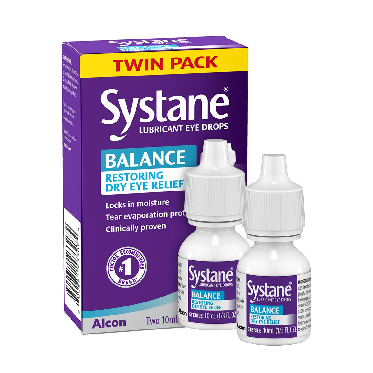 Image of a Systane Balance 2-Pack Lubricant Eye Drops by Alcon, featuring the product in purple and yellow packaging. The twin pack offers two 10ml bottles designed for MGD, to lock in moisture and protect against tear evaporation, providing effective dry eye relief.