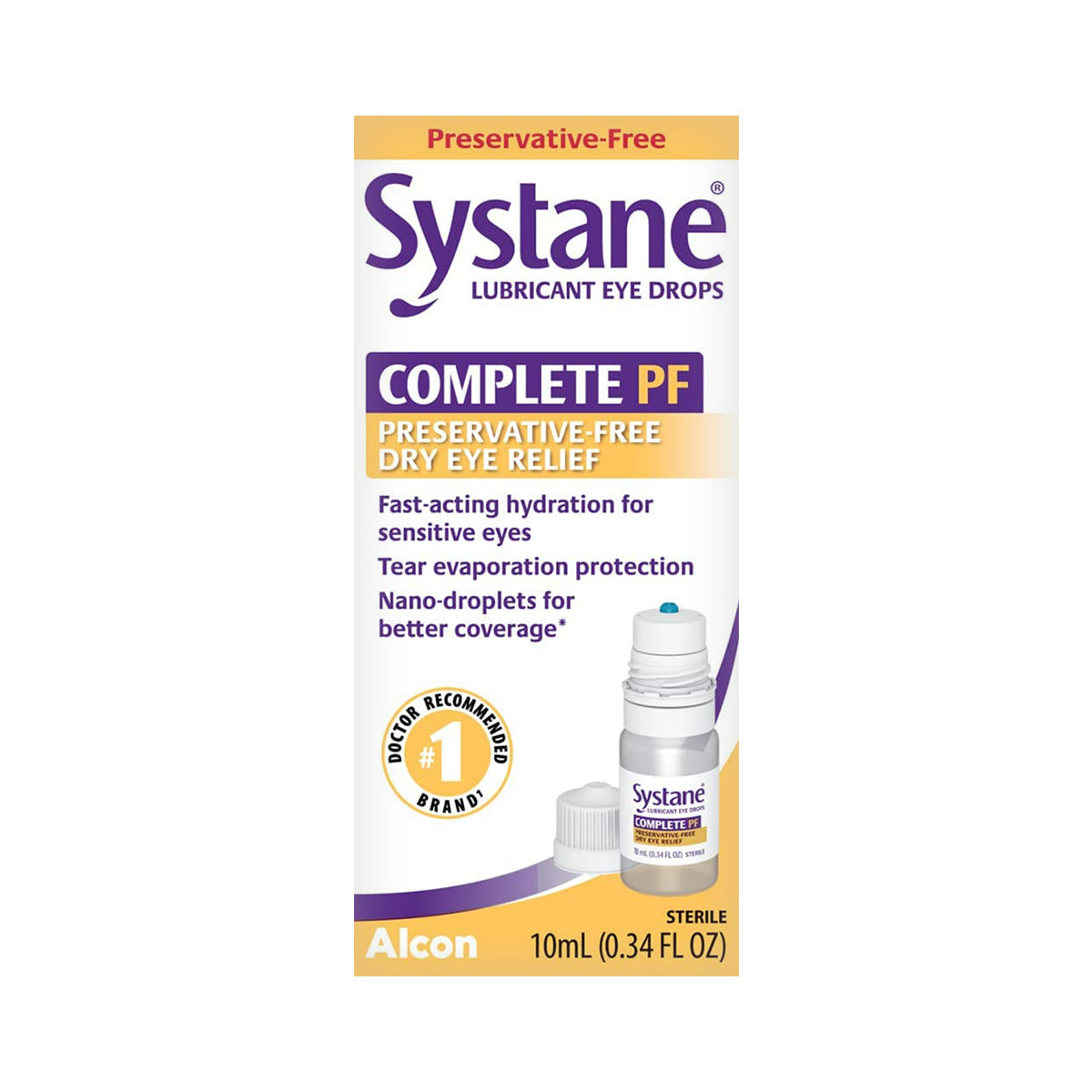 Alcons Systane COMPLETE Preservative-Free Eye Drops, available in a multi-dose bottle, feature Preservative-Free Dry Eye Relief with nano-droplet technology, emphasizing hydration and tear protection, labeled as doctor-recommended for optimal care.