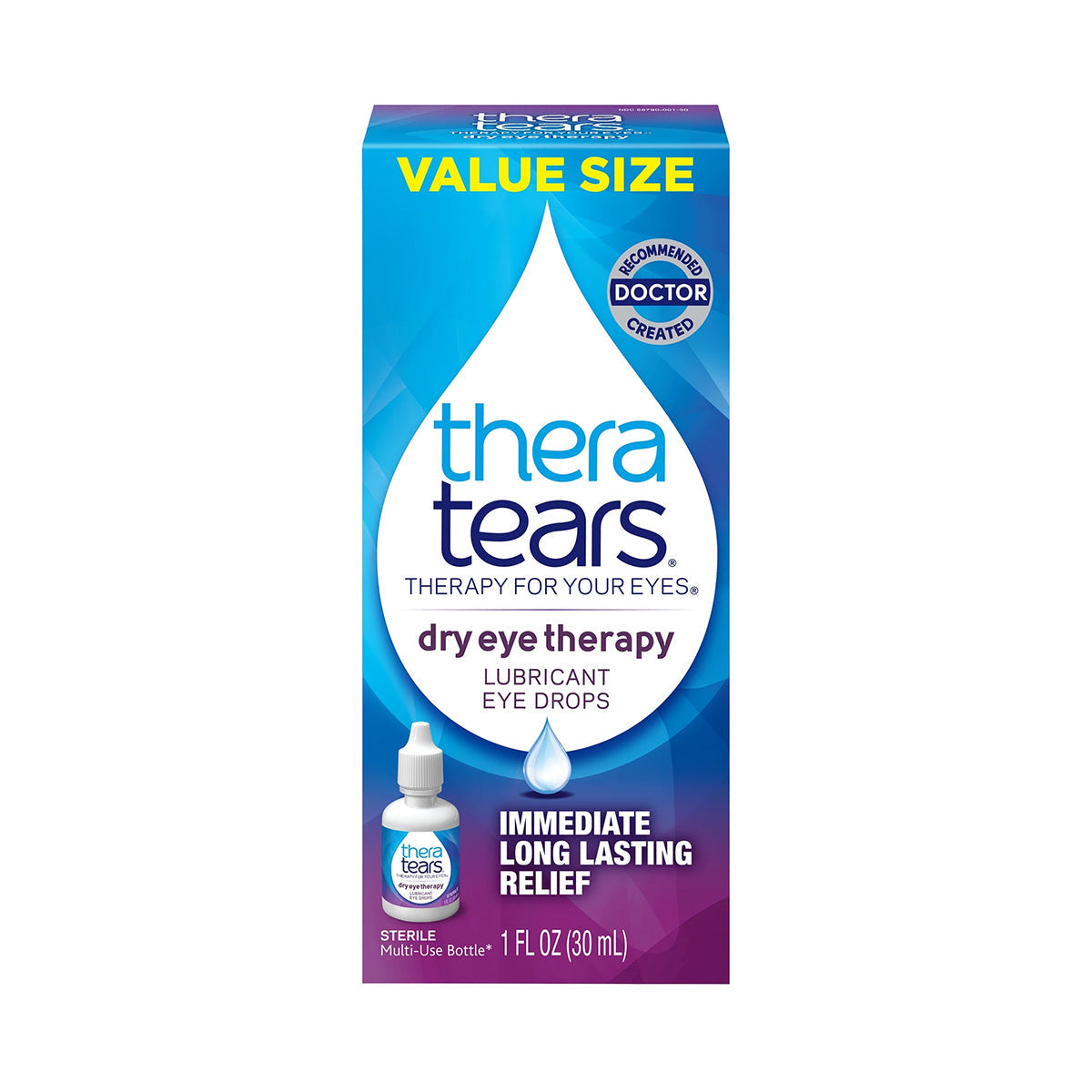 Thera Tears Lubricant Eye Drops, available in 15mL and 30mL, provide dry eye therapy and immediate long-lasting relief with their doctor-recommended electrolyte formula. Packaged in blue and purple, they prominently feature the bottle image on the box.