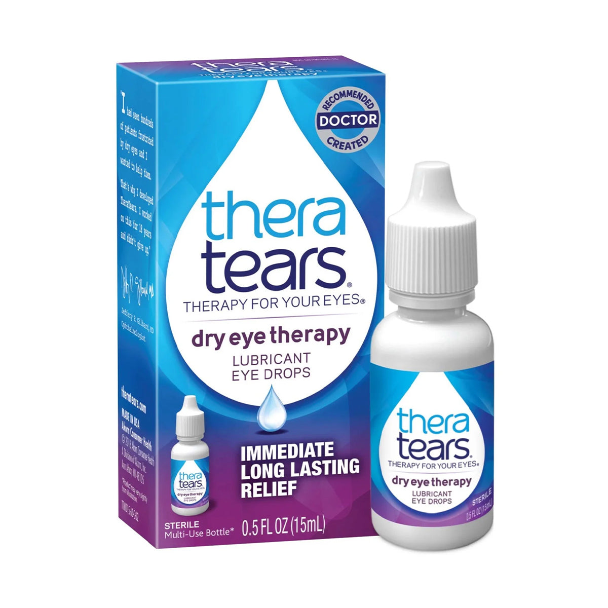 The Thera Tears Lubricant Eye Drops packaging features a 15mL bottle with an Electrolyte Formula for immediate, long-lasting dry eye relief. The blue and white box, adorned with a teardrop illustration, emphasizes effective relief.