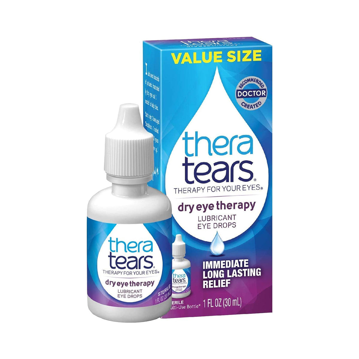 Thera Tears Lubricant Eye Drops for dry eye relief offer immediate, long-lasting relief with a doctor-recommended electrolyte formula in a value-size 30mL bottle. The product comes in a white bottle with purple and blue labeling, paired with a matching box.