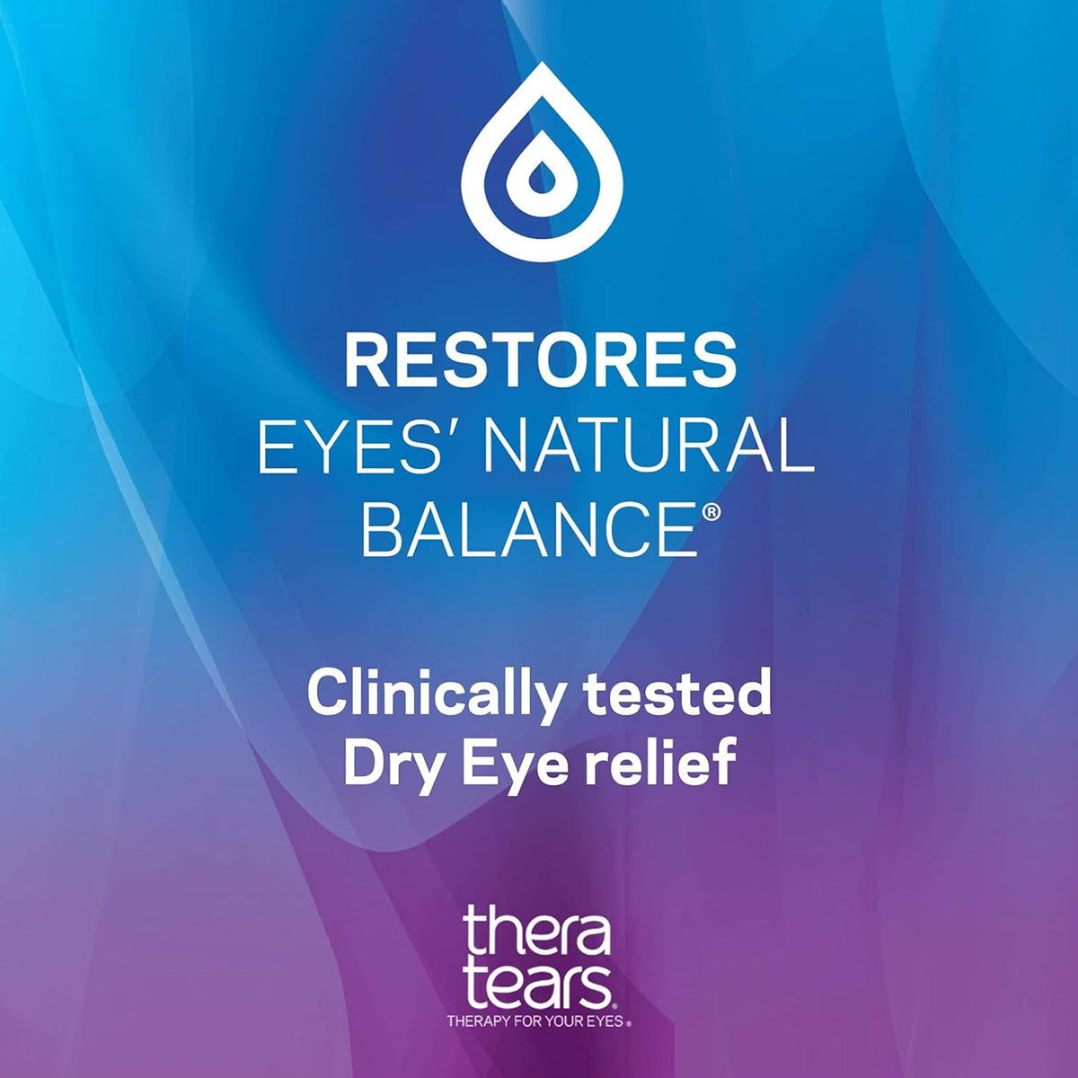 Blue to purple gradient with water droplet icon says: Thera Tears Lubricant Eye Drops (15mL and 30mL) restore eyes natural balance. Clinically tested for Dry Eye relief. Bottom logo: Thera Tears, Electrolyte Formula Therapy for Your Eyes.