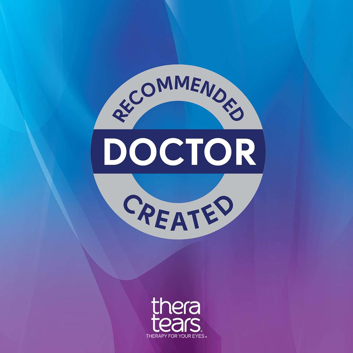 The logo displays Doctor Recommended Created in a circular design on a blue and purple gradient. Below, it reads Thera Tears - Therapy for your eyes, emphasizing its Dry Eye Relief with an advanced Electrolyte Formula. Available as Thera Tears Lubricant Eye Drops in 15mL and 30mL by Thera Tears.