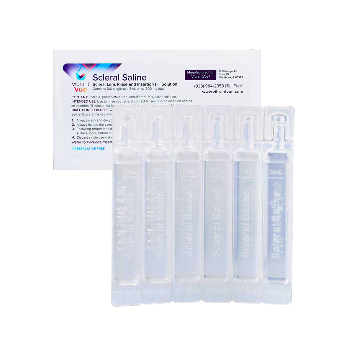 A Visionary Optics box labeled Vibrant Vue Saline Lens Rinse and Insertion Fill Solution displays six 5ml clear plastic vials of sterile, preservative-free, FDA-approved saline. The vials stand neatly against a plain background.