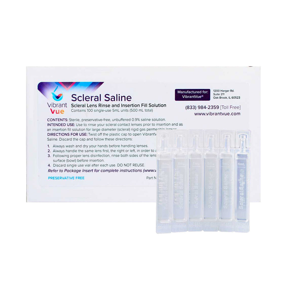 The image shows a box of Visionary Optics Vibrant Vue Saline Lens Rinse and Insertion Fill Solution, an FDA-approved, 100% preservative-free sterile solution with five clear vials. The packaging includes detailed instructions and product information.