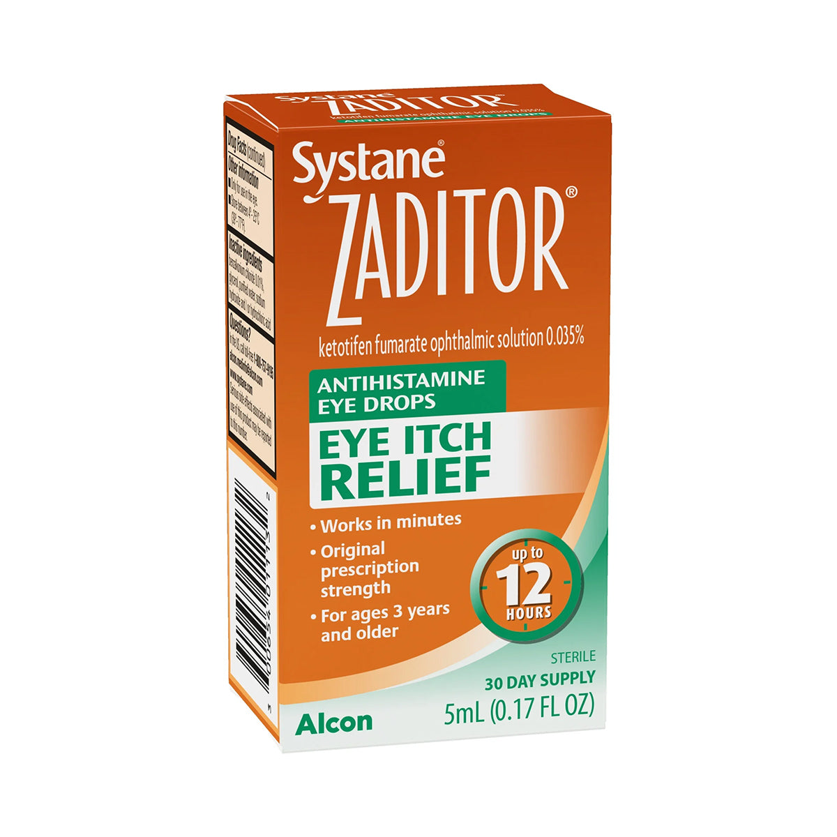 Alcons Zaditor Eye Care Allergy Relief Eye Drops come in a 5 ml bottle, offering prescription-strength eye itch relief for up to 12 hours. Suitable for ages 3+, this product comes in orange packaging with white and green text.