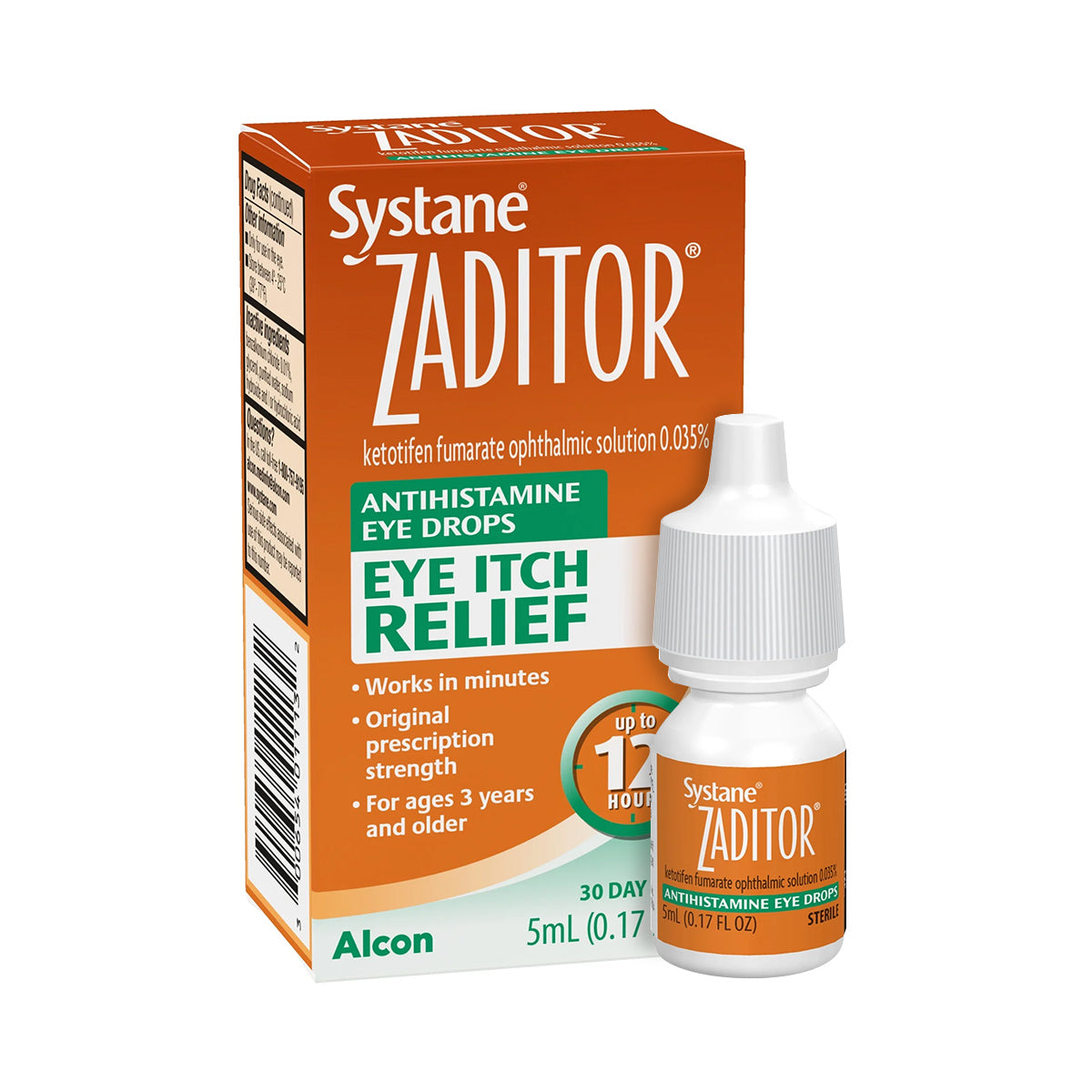 Alcons Zaditor Eye Care Allergy Relief Drops (5 ml) offer prescription-strength antihistamine relief for eye itch caused by allergens. Effective in minutes and suitable for ages 3 and up.