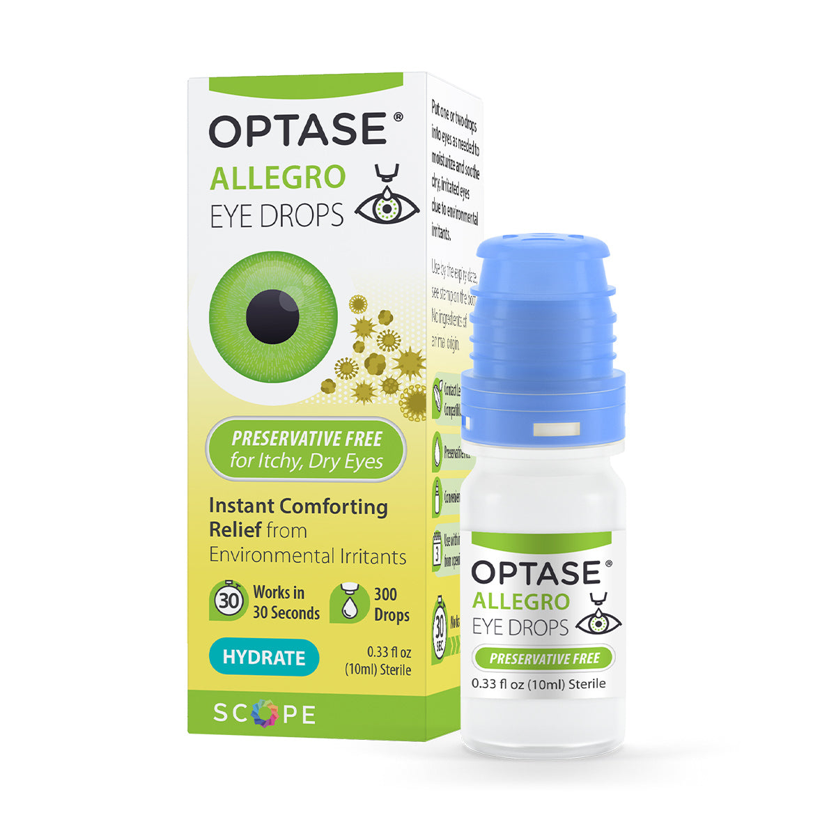 A bottle of Optase Allegro Eye Drops for allergy-related dry eye symptoms (10mL) with a blue cap sits beside its packaging, which highlights the preservative-free formula that offers rapid relief for itchy, dry eyes due to environmental irritants in just 30 seconds, containing 300 drops.