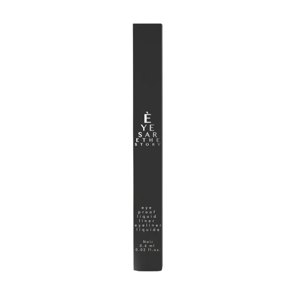 The product is a black rectangular box with white text, featuring Eyes are the Story, Eye Proof Liquid EyeLiner in Noir. This highly pigmented eyeliner offers precise application, contains 0.6 ml/0.02 fl. oz., and is vegan and cruelty-free under the Eyes are the Story brand.