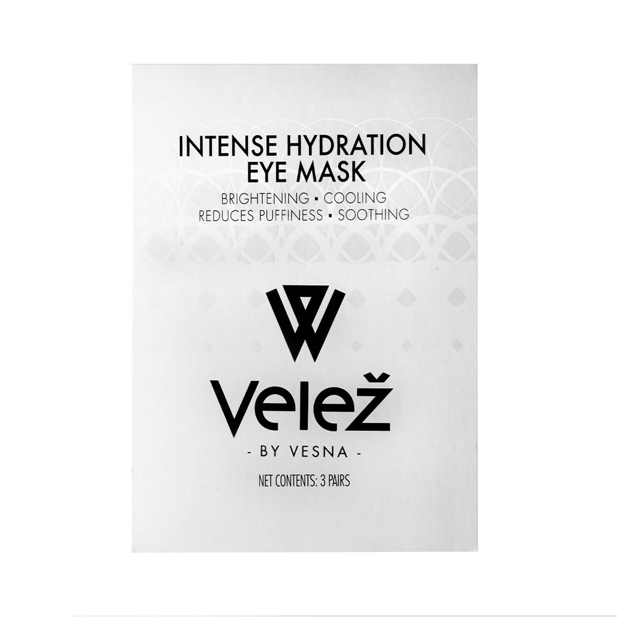 The Velez Intense Hydration Under Eye Cellulose Cooling Mask comes in white packaging with geometric patterns and bold black text, featuring benefits like brightening, cooling treatment, puffiness reduction, and soothing. It includes 3 pairs utilizing biotech cellulose technology.