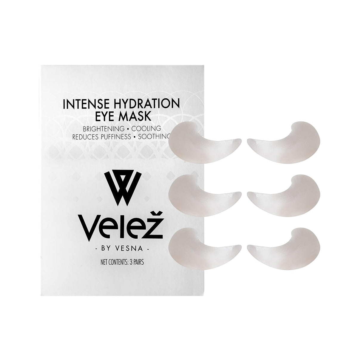 The Velez Intense Hydration Under Eye Cellulose Cooling Mask (3 Pairs) packaging highlights six crescent-shaped gel patches offering a soothing, brightening treatment that reduces puffiness, utilizing biotech cellulose technology for optimal results.