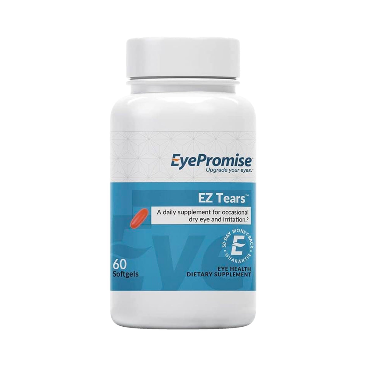 The EyePromise® EZ Tears bottle offers 60 softgels for natural dry eye relief with Omega-3s, turmeric, and green tea extract. This dietary supplement is doctor-recommended for reducing dry eye irritation.