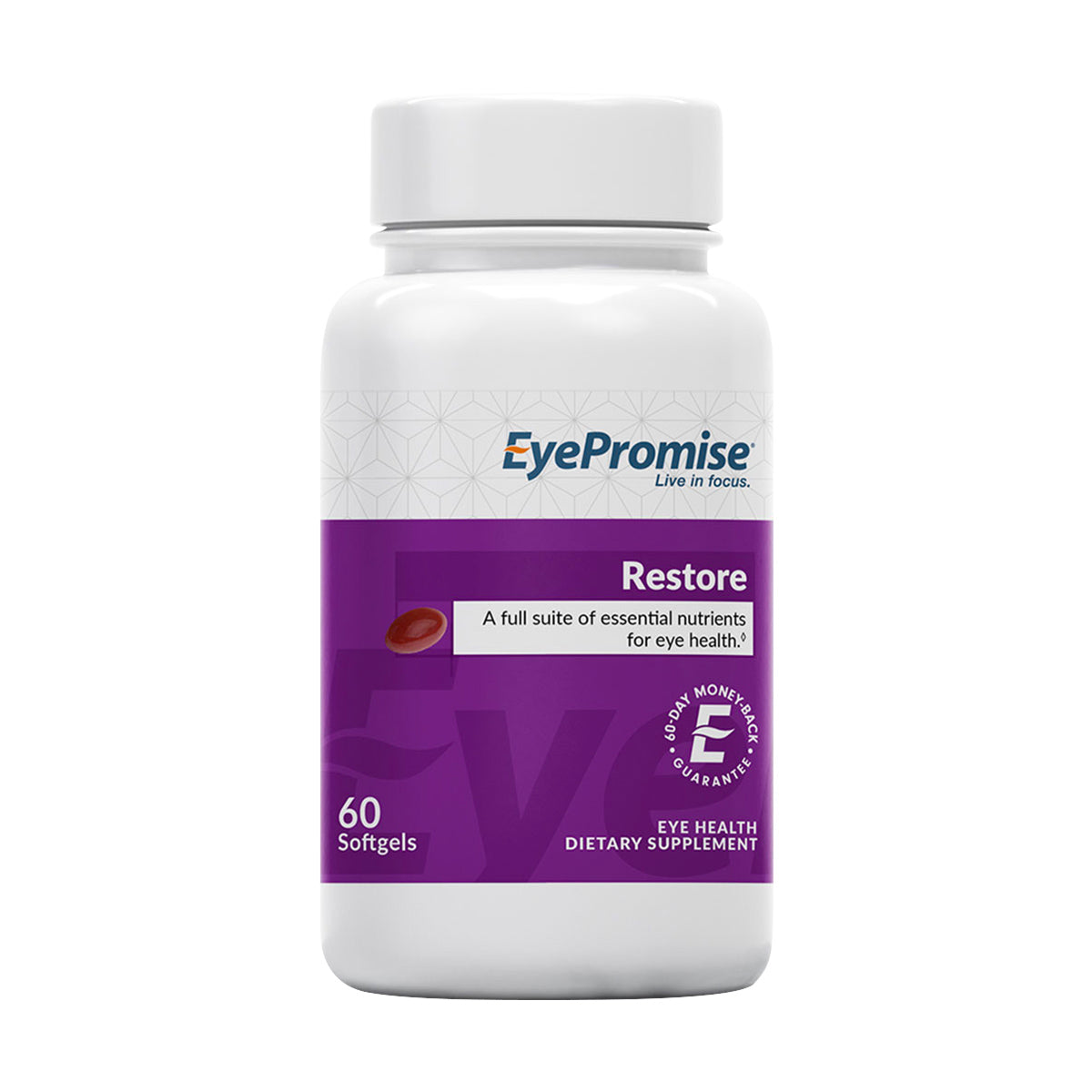 The EyePromise® Restore supplement, branded EyePromise, comes in a white bottle with a purple label. It contains 60 softgels designed to support optimal eye health, focusing on zeaxanthin benefits and enhancing macular pigment density for aging eyes, night vision, and contrast sensitivity.