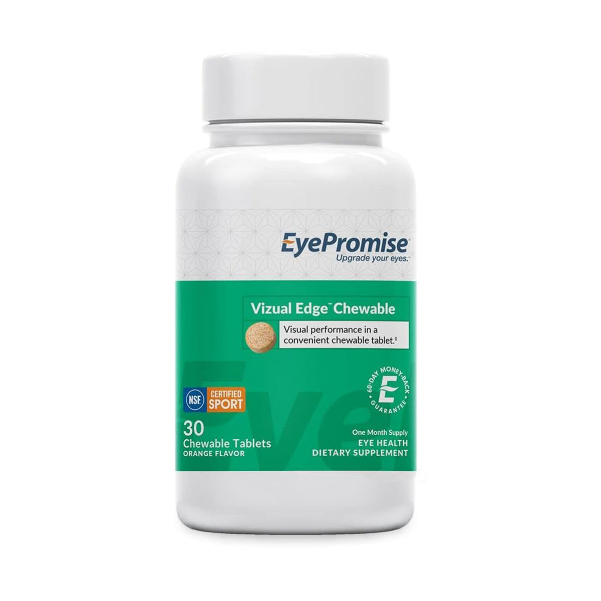 The EyePromise Vizual Edge Chewable Eye Vitamin features a white bottle with 30 orange-flavored tablets, designed to enhance eye health and support vision clarity and performance, highlighting improved contrast sensitivity.