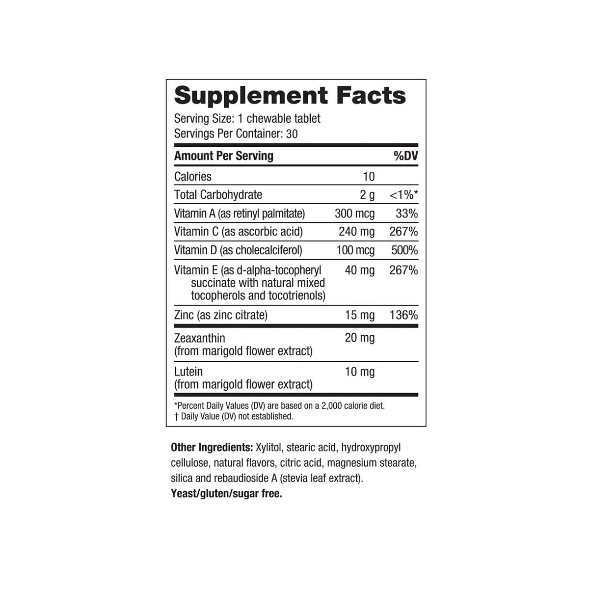 An image of the EyePromise Vizual Edge Chewable Eye Vitamin label shows vision clarity benefits, with 10 calories per tablet. It details Vitamin A, C, D, E, zinc, astaxanthin, and lutein. Other ingredients are xylitol and natural flavors. Its free from yeast, gluten, and sugar.