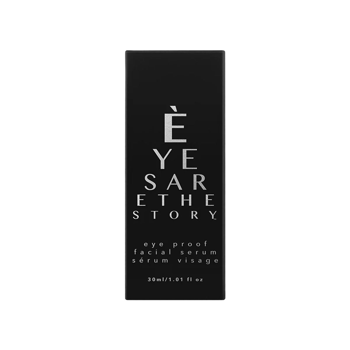 A black rectangular box displays Eyes are the Story in bold silver letters, followed by eye proof facial serum sérum visage. At the bottom, it elegantly states Hyaluronic Acid Revitalizing Serum and 30ml/1.01 fl oz.