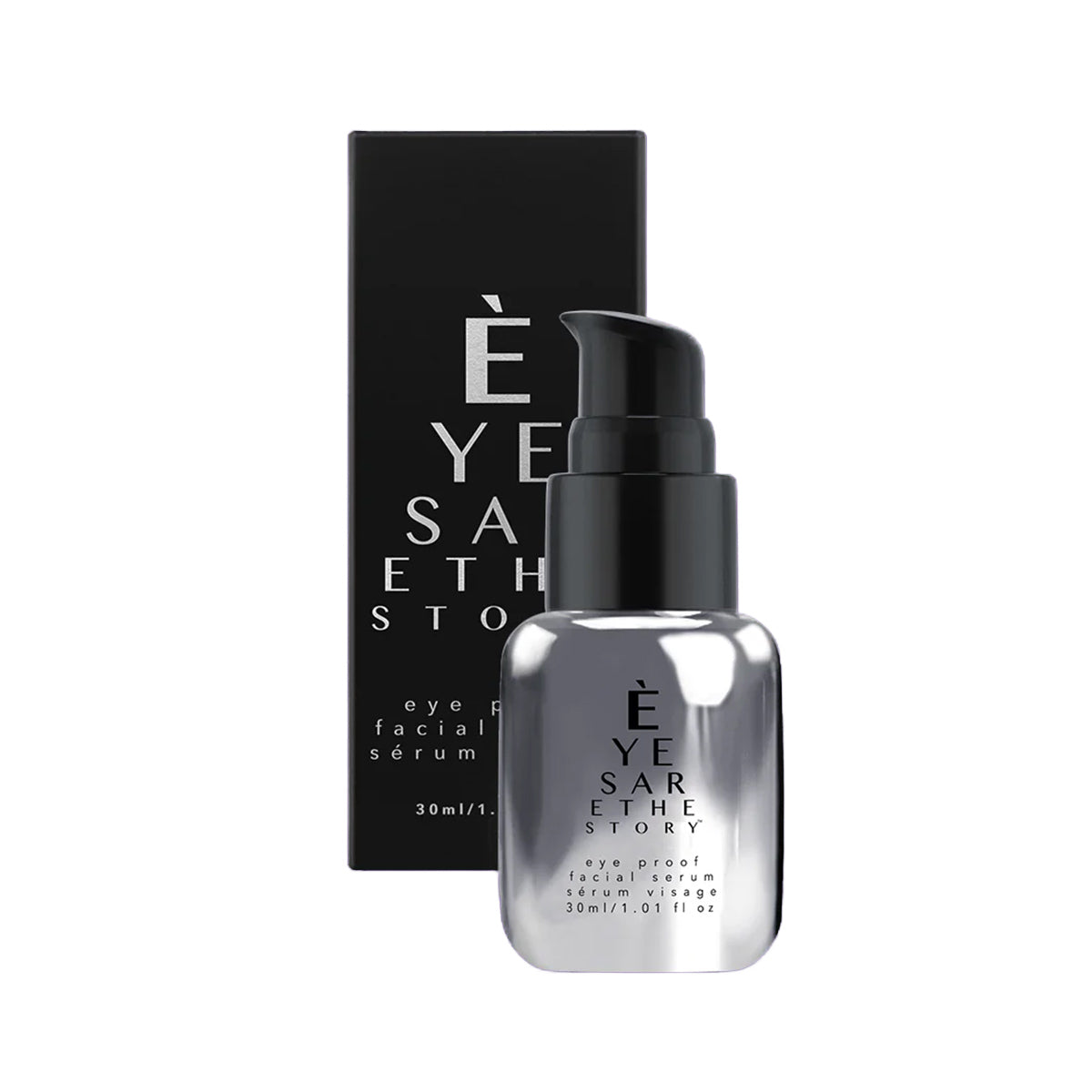 A 30ml bottle of Eyes are the Storys Eye Proof Serum featuring powerful hyaluronic acid comes with a black pump and is elegantly mirrored against its sleek black box packaging, displaying the brand name in bold white letters.