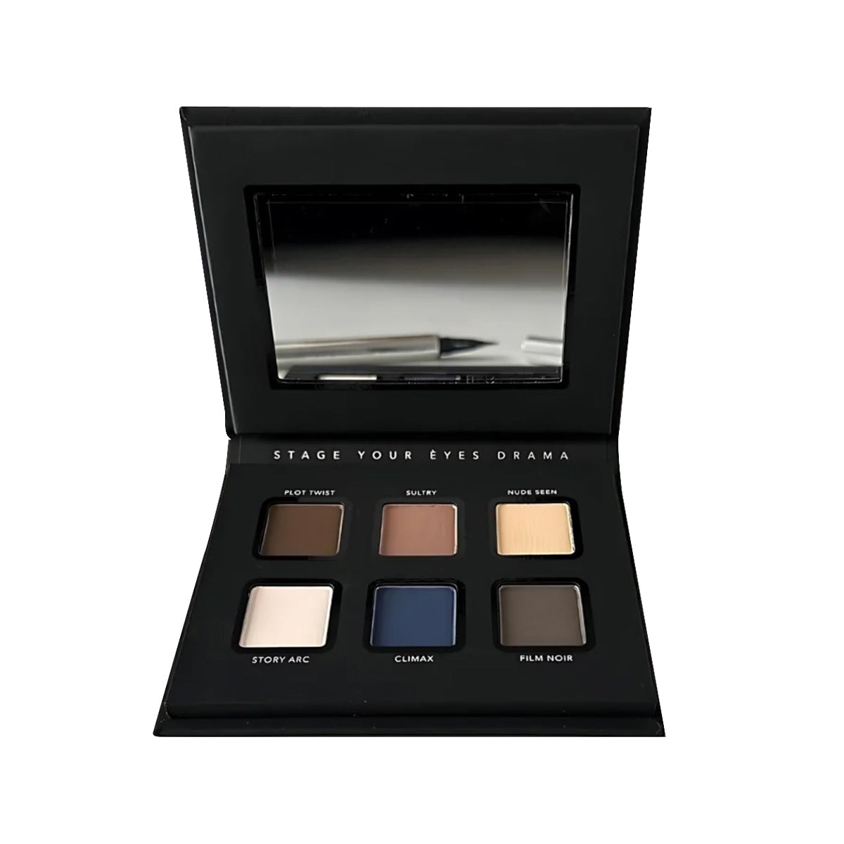 The open black Eyes are the Story Eyeshadow Palette unveils six blendable, high-pigment shades: Plot Twist, Sultry, Nude Scene, Story Arc, Climax, and Film Noir. A small mirror inside the lid allows for convenient touch-ups.