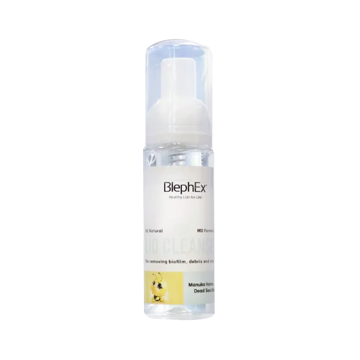 The clear bottle with a clear cap contains Blephex Lid Cleansers, featuring a label with text and a lemon slice image. This natural eyelid cleanser, enriched with Manuka Honey and Dead Sea Salt, emphasizes removing debris and dead skin for healthier eyes.