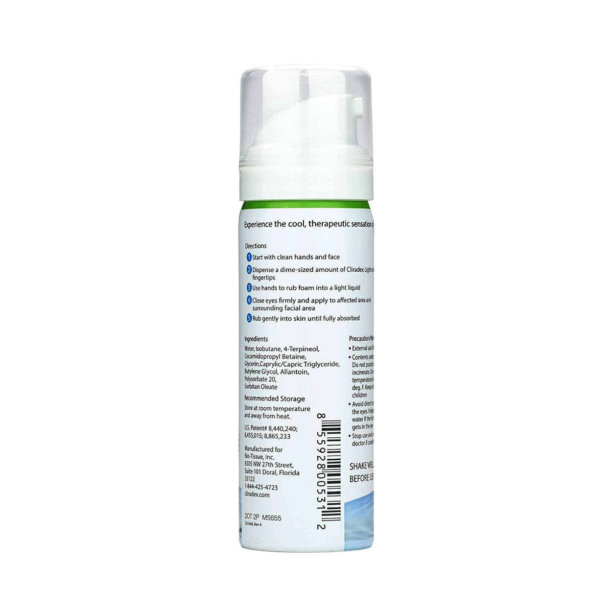 The Cliradex Light Foam by PRN is a white and green pump bottle displaying directions and ingredients in blue text on the back. This skincare product is a tea tree oil-infused eyelash and eyelid cleanser designed for facial use.