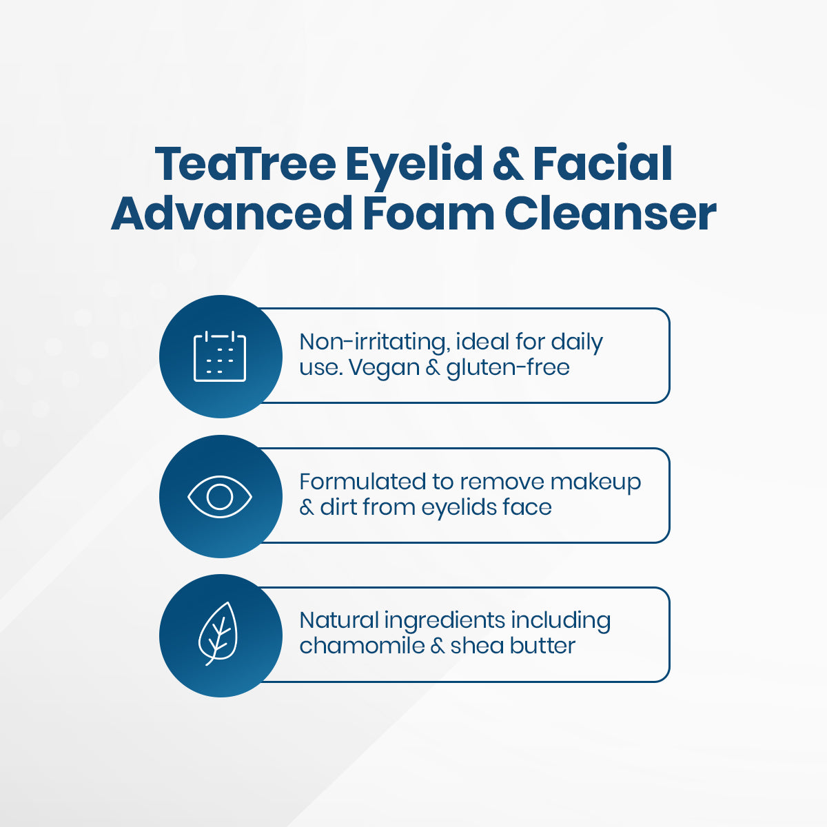 Infographic for PRN Advanced Formula 2% Tea Tree Eyelid Foam & Facial Cleanser highlights its gentle, non-irritating formula ideal for sensitive skin and daily use. Perfect for makeup removal, it includes nourishing natural ingredients like chamomile and shea butter for protection.