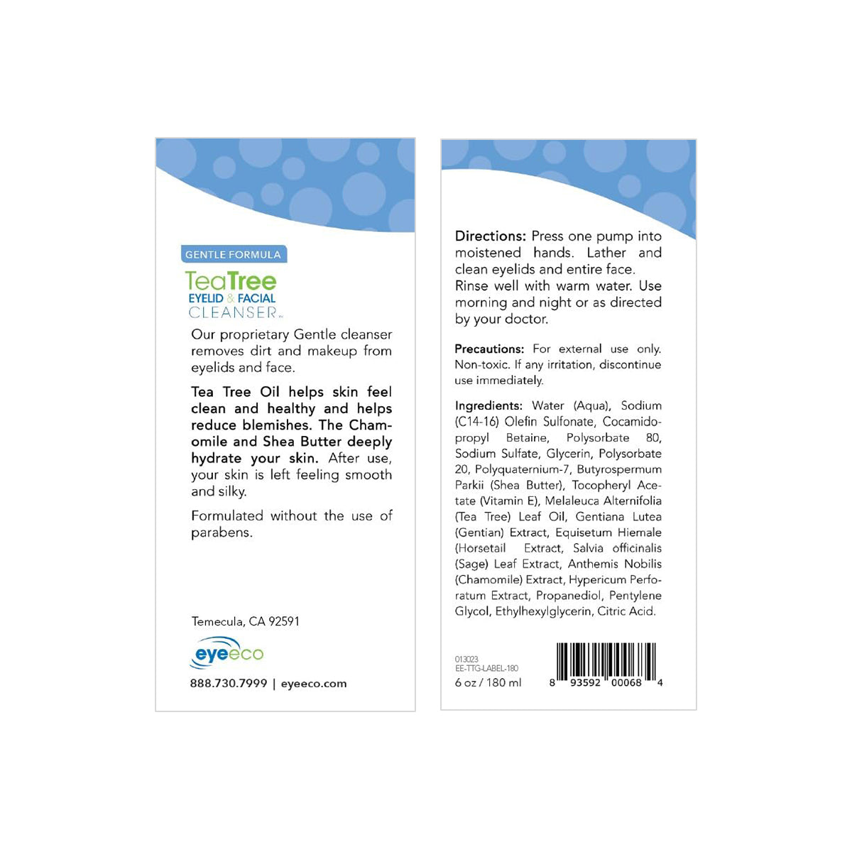 Image of EyeEco Gentle Formula Tea Tree Eyelid & Facial Cleanser label by PRN - Physician Recommended Nutriceuticals. The front promotes a gentle formula with tea tree oil, chamomile, and shea butter for sensitive skin. The back provides usage directions, ingredients, and contact info.