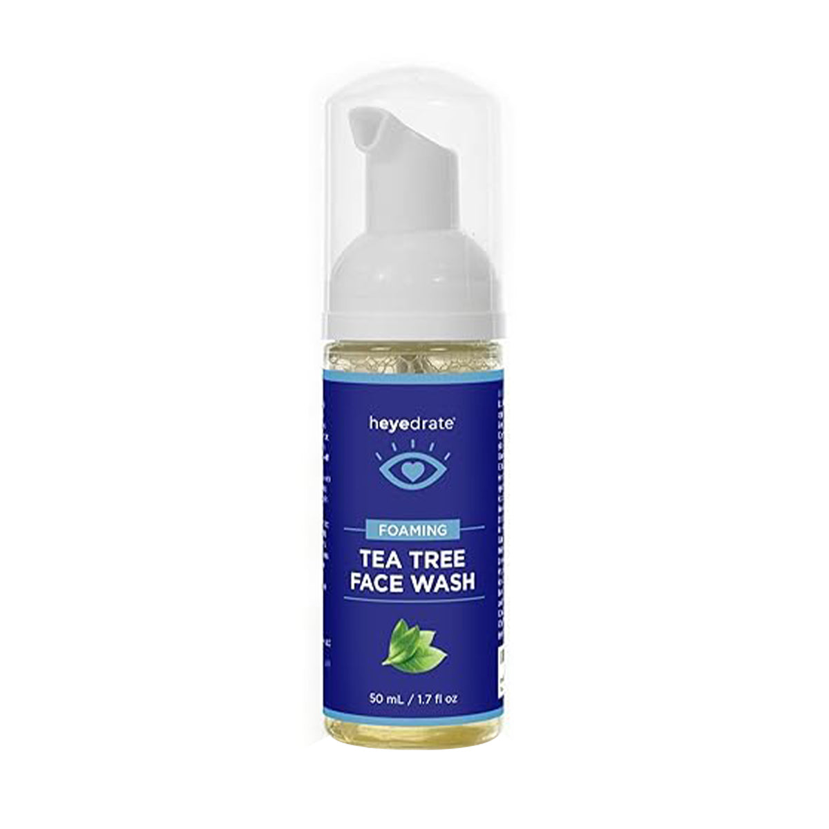 Heyedrate Foaming Tea Tree Face Wash by PRN features a pump dispenser and blue label with tea tree leaves, designed as an eyelid cleanser. The clear bottle holds 50 ml (1.7 oz).