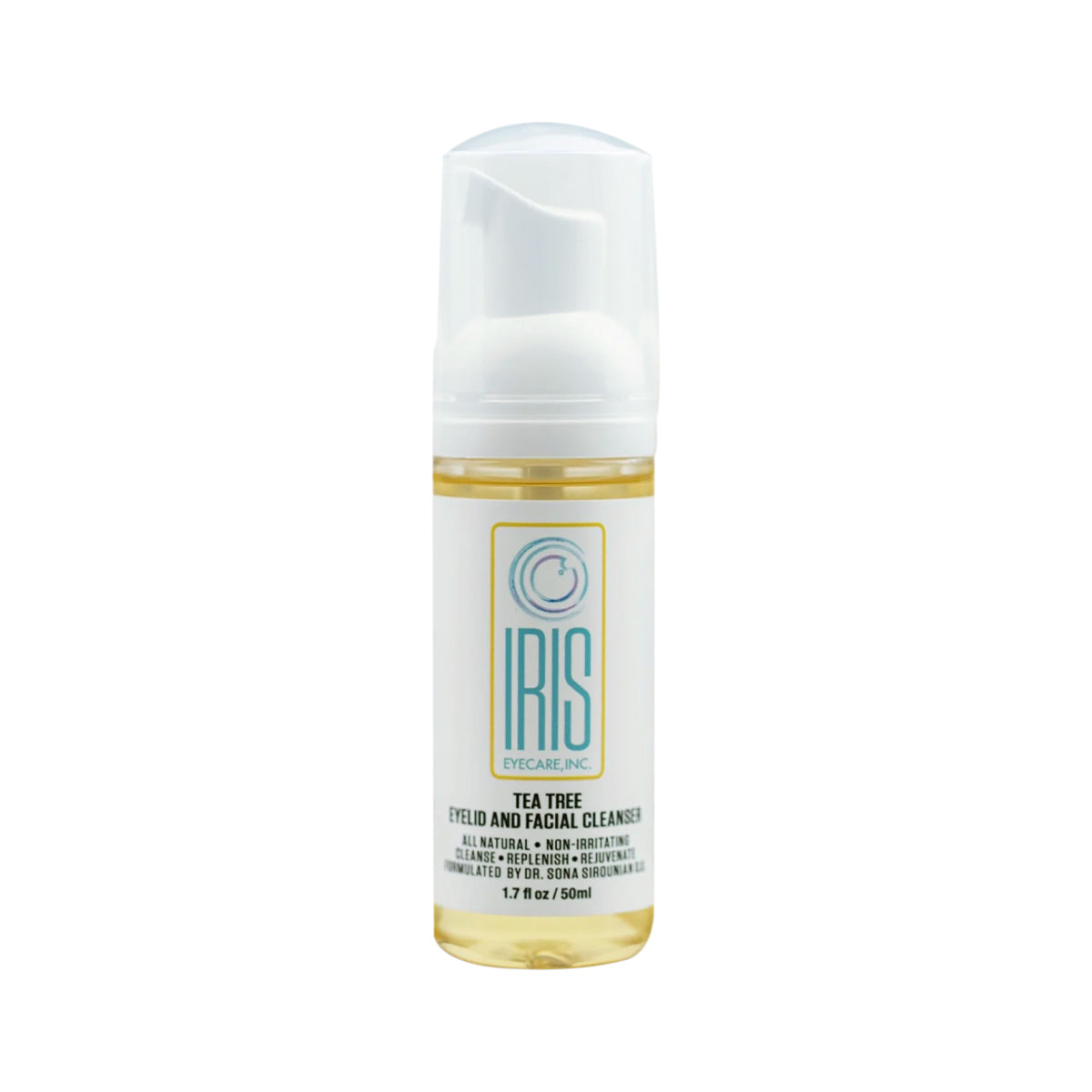 The IRIS Tea Tree Cleanser Foam for Eyelids by Iris Eyecare comes in a 50mL cylindrical bottle with a white pump dispenser, primarily white packaging accented in turquoise and gold, offers soothing Blepharitis Relief.