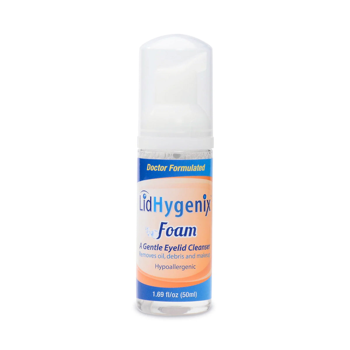 LidHygenix Gentle Foam Eyelid Cleanser, in a clear plastic bottle with an orange and blue label that reads Doctor Formulated and Hypoallergenic, is perfect for maintaining eye health by removing oil, debris, and makeup. Contains 1.69 fl oz (50ml).