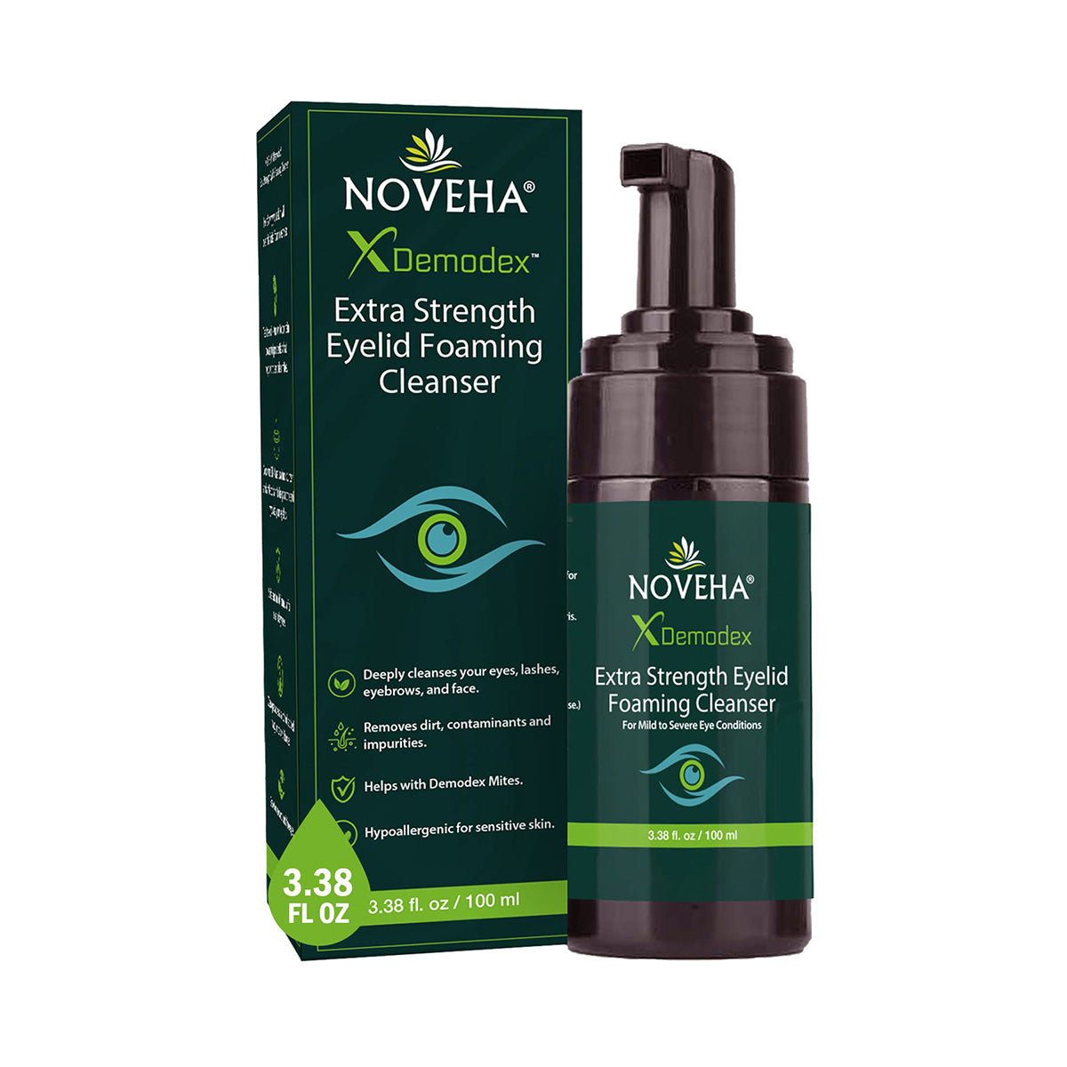 Image of Noveha Demodex Eyelid Cleanser Foam, Extra Strength Tea Tree Oil Formula (100ml). The green box and bottle feature the Noveha logo and an eye graphic, designed for optimal eyelid hygiene.