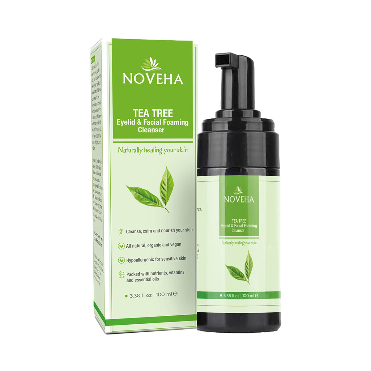 The Noveha Tea Tree Oil Foaming Cleanser for Eyelids (100mL) features soothing, nourishing, hypoallergenic benefits in sleek green packaging with tea leaf graphics, perfect for sensitive skin and organic skincare devotees.