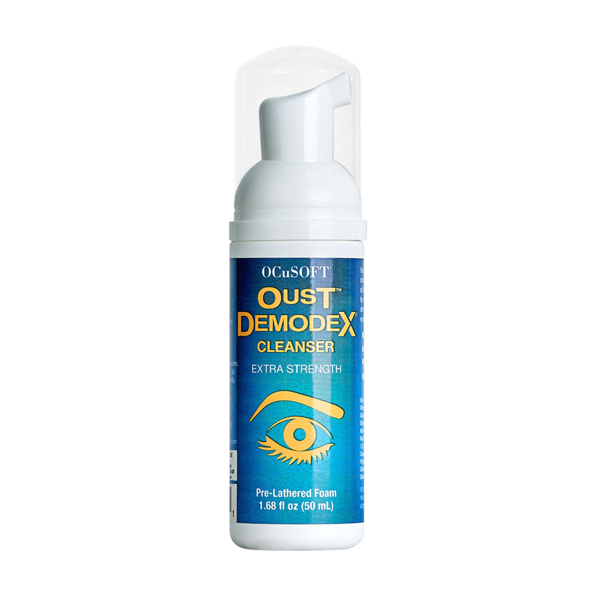 OCuSOFT Oust Demodex Removal Cleanser Foam (50mL) features a blue label with an eye graphic and is infused with tea tree oil for soothing relief. This extra strength, pre-lathered foam is designed to combat eyelid irritation and ensure optimal eye hygiene.