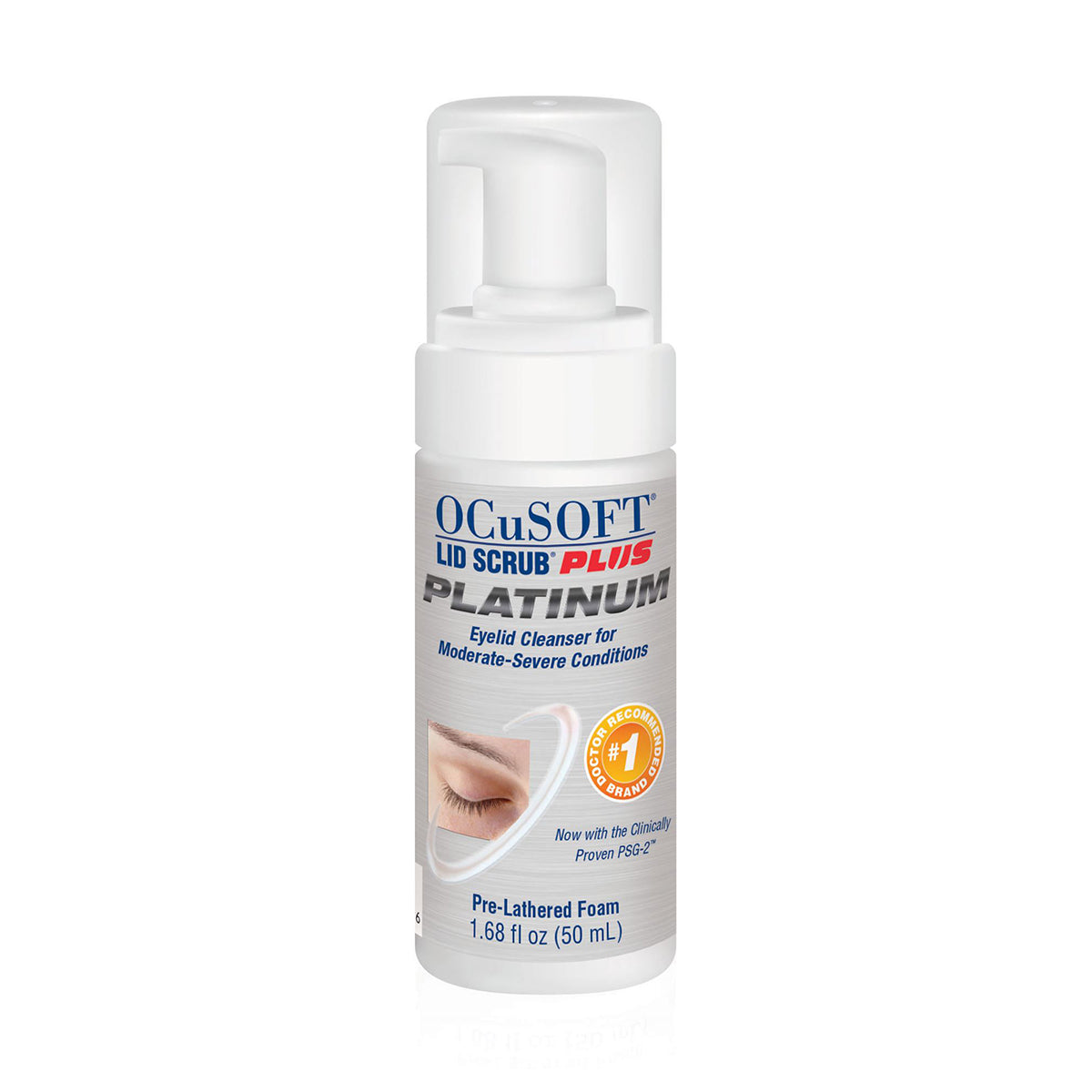 A white bottle of Ocusoft Lid Scrub Plus Platinum Foam (OCuSOFT) for moderate to severe blepharitis features an eye image, contains pre-lathered foam, 1.68 fl oz (50 ml), and is #1 doctor-recommended for effective Demodex relief.