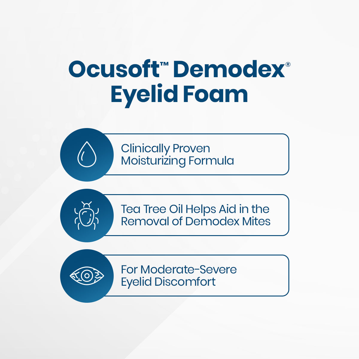 Infographic for OCuSOFT Oust Demodex Removal Cleanser Foam (50mL). Features icons: moisturizing formula, tea tree oil aids mite removal, and effectively targets moderate-severe eyelid irritation.