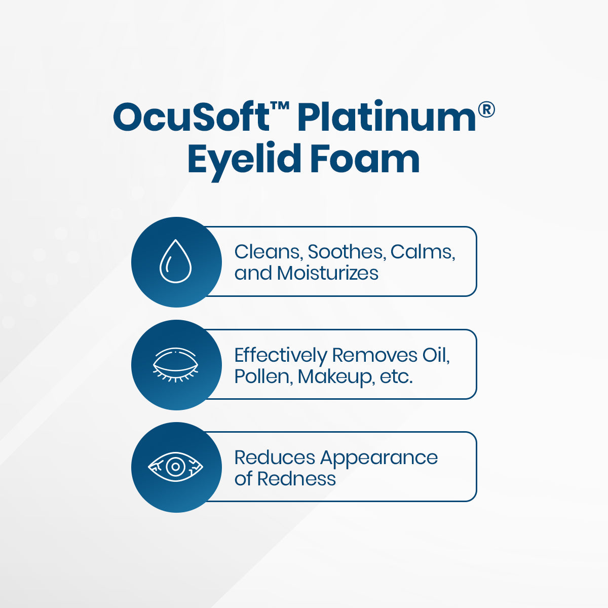 OCuSOFTs Ocusoft Lid Scrub Plus Platinum Foam 50ml is advertised as a top eyelid cleanser. It features icons for three benefits: cleansing and moisturizing, oil and makeup removal, and redness reduction. Ideal for blepharitis treatment, the ad includes a subtle geometric background.